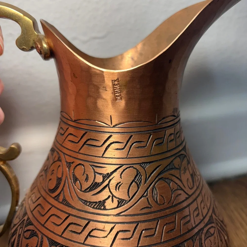 DEMMEX Engraved Turkish Copper Pitcher Handmade Ewer Vessel‎ Vase Folk moroccan